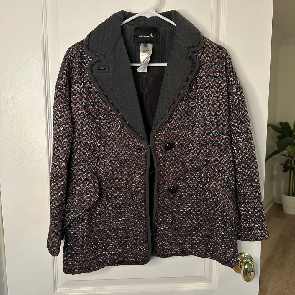 Isabel Marant Tweed Metalized 34 XS Blazer Jacket Black Gray Burgundy Boho
